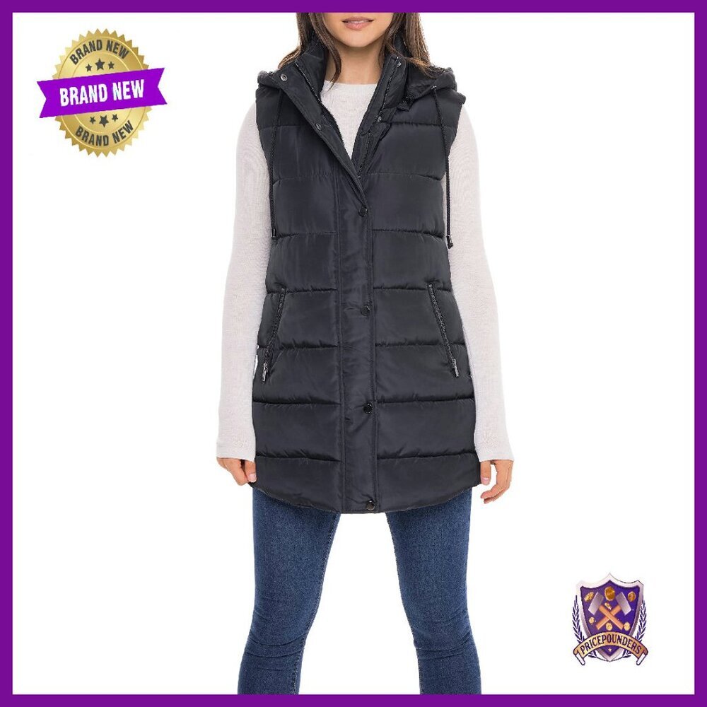 Long Puffer Vest Hooded Quilted Faux Down Winter Outerwear Women's Size M